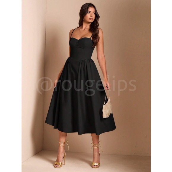 Black Midi Dress Flared Skirt Fitted Bustier Sweetheart Mesh Neckline Cami